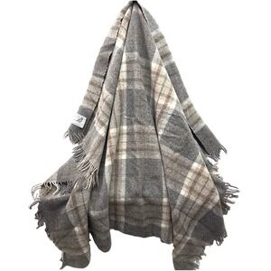 Bronte by Moon Plaid Wool Throw Blanket Great Britain Fringe 58x48 Gray Beige